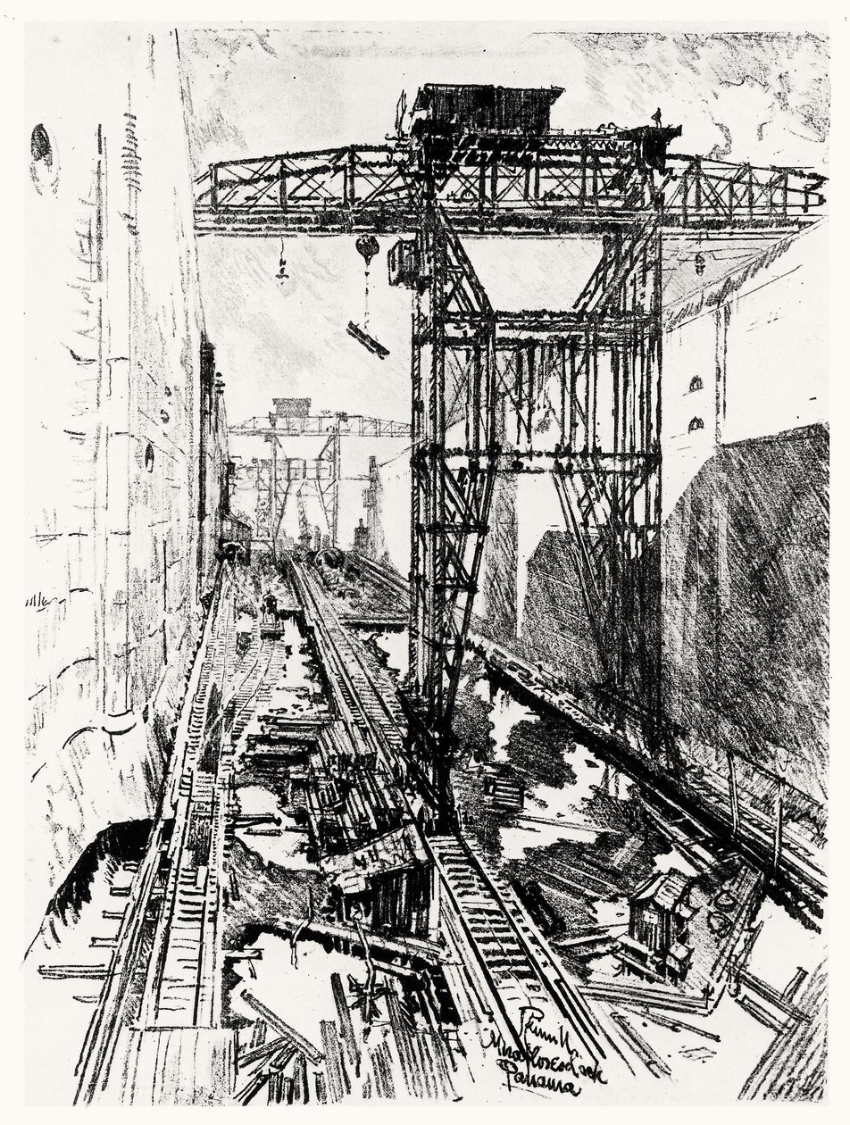Krane an der Miraflores-Schleuse, Platte XXII aus Der Panamakanal von Joseph Pennell, 1912 von Joseph Pennell
