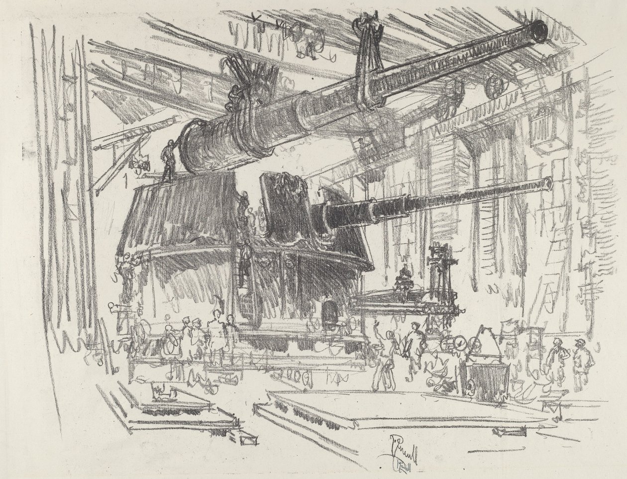 Montage von Geschützen in Türmen, 1916 von Joseph Pennell