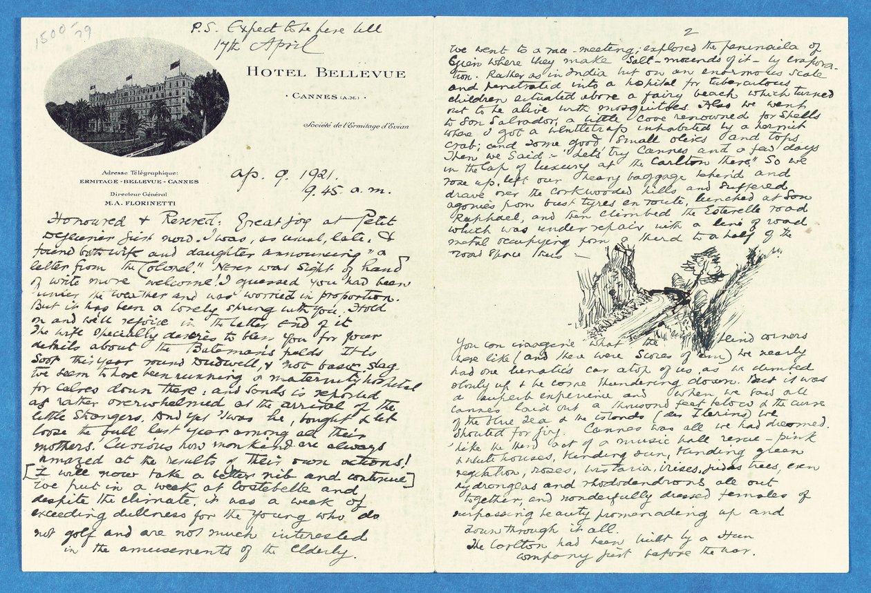 Autographenbrief an Col. H. W. Feilden, Hotel Bellvue Cannes, 9. April von Joseph Rudyard Kipling