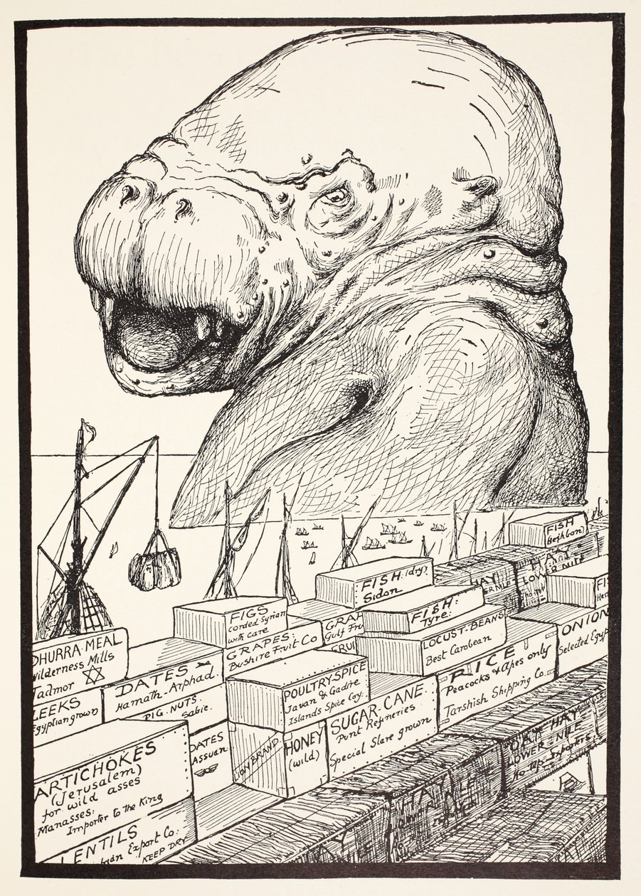 Das Tier, das aus dem Meer kam und all das Essen auffraß, das Suleiman-bin-Daoud für alle Tiere der Welt vorbereitet hatte, Illustration aus 