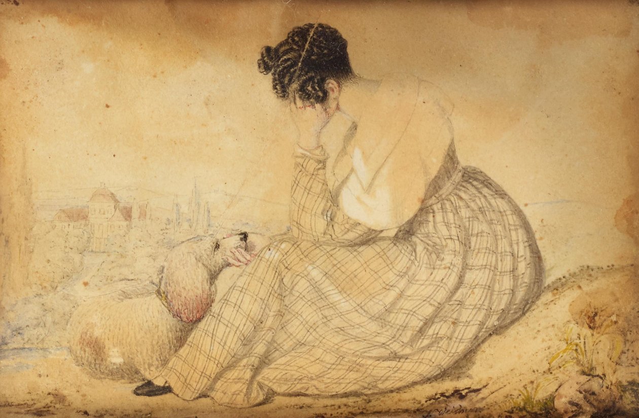 Briefbeschwerer mit trauernder Frau mit Hund und Blick auf Wien von Joseph Weidner