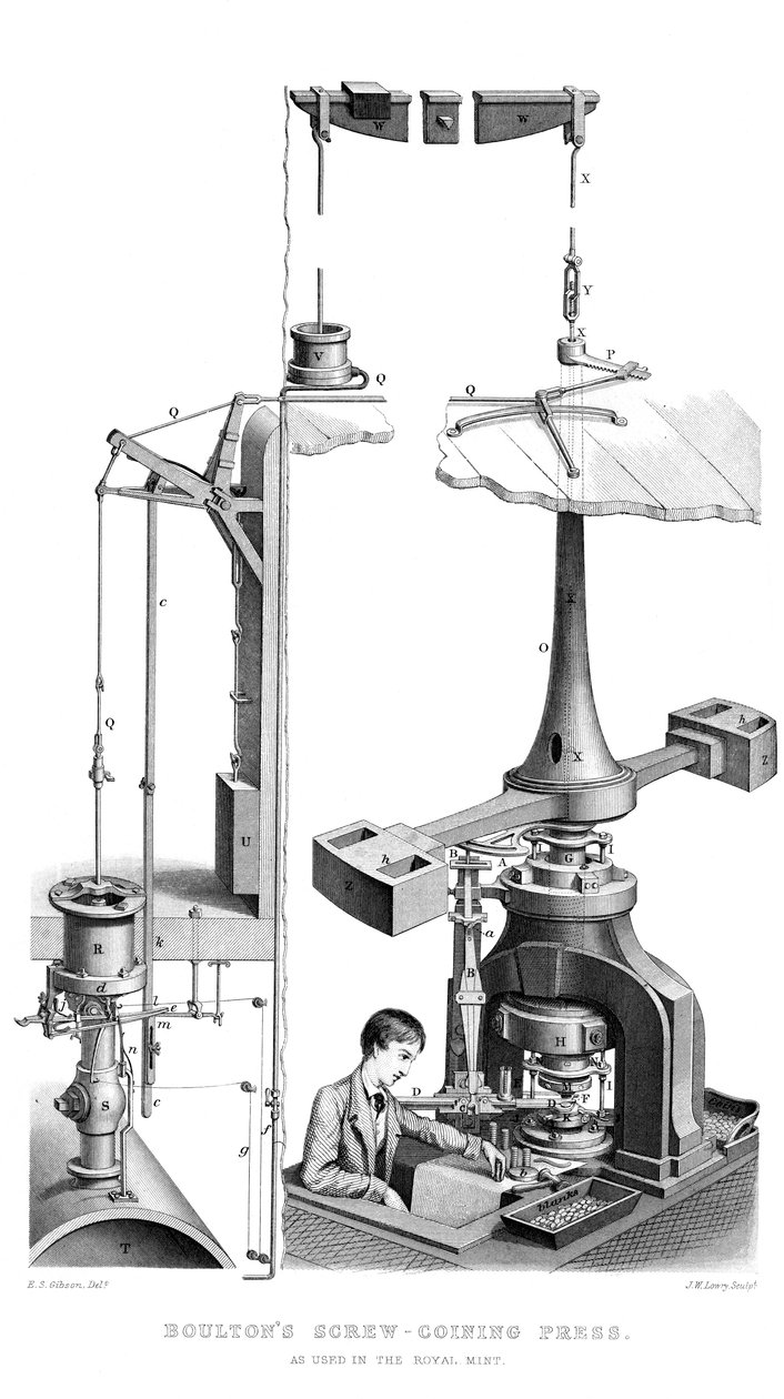 Boultons Schraubenprägemaschine, wie sie in der Royal Mint verwendet wird, 1866 von Joseph Wilson Lowry