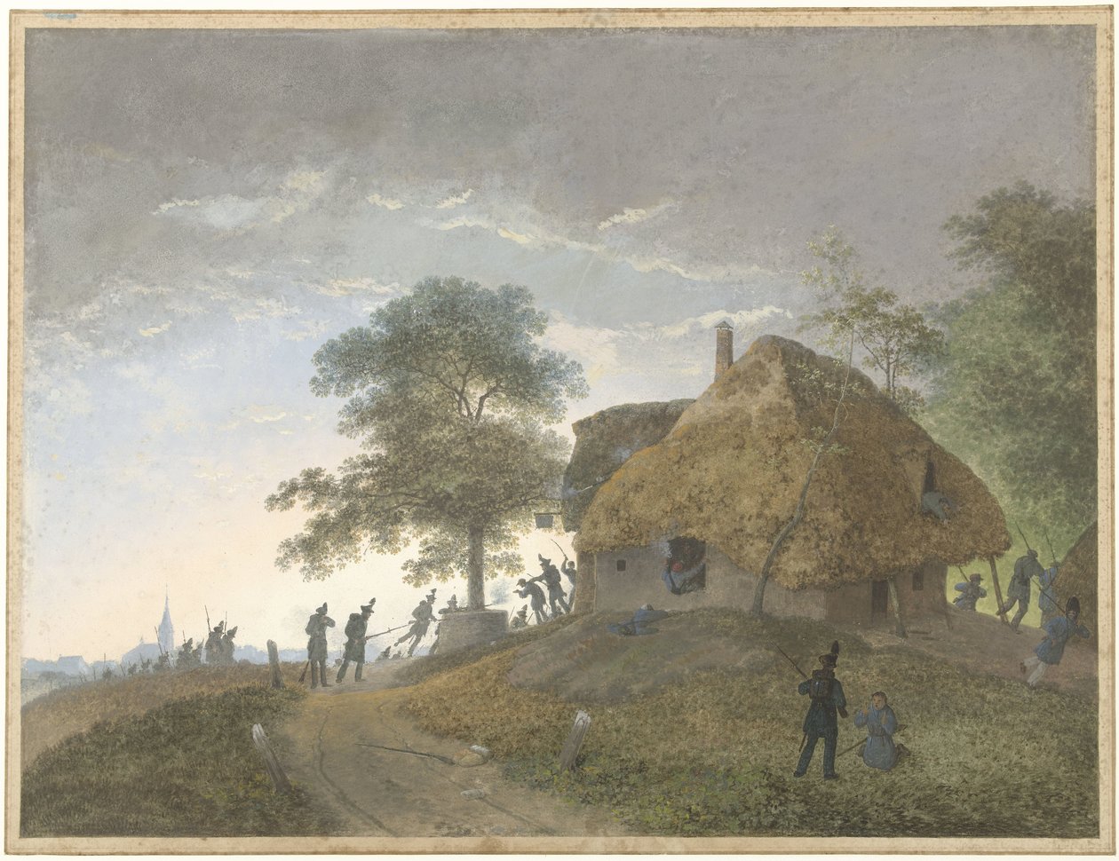 Kampf bei einem Gasthaus oder Strohdachhaus auf einem Hügel von Josephus Augustus Knip