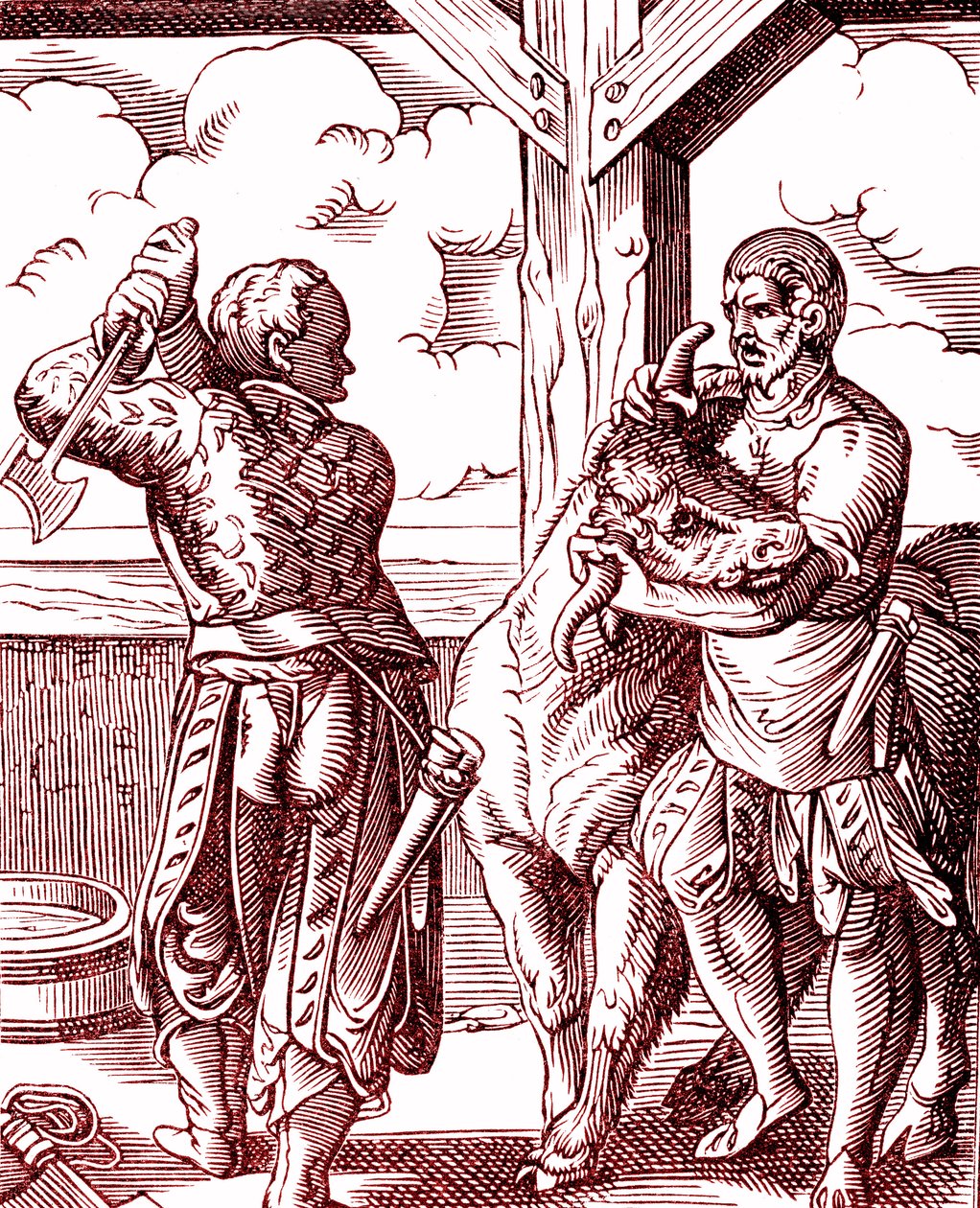 Ein Metzger - Essen und Kochen im Mittelalter. Stich von Jost Amman (1539-1591). Stich 1878 von Jost (after) Amman