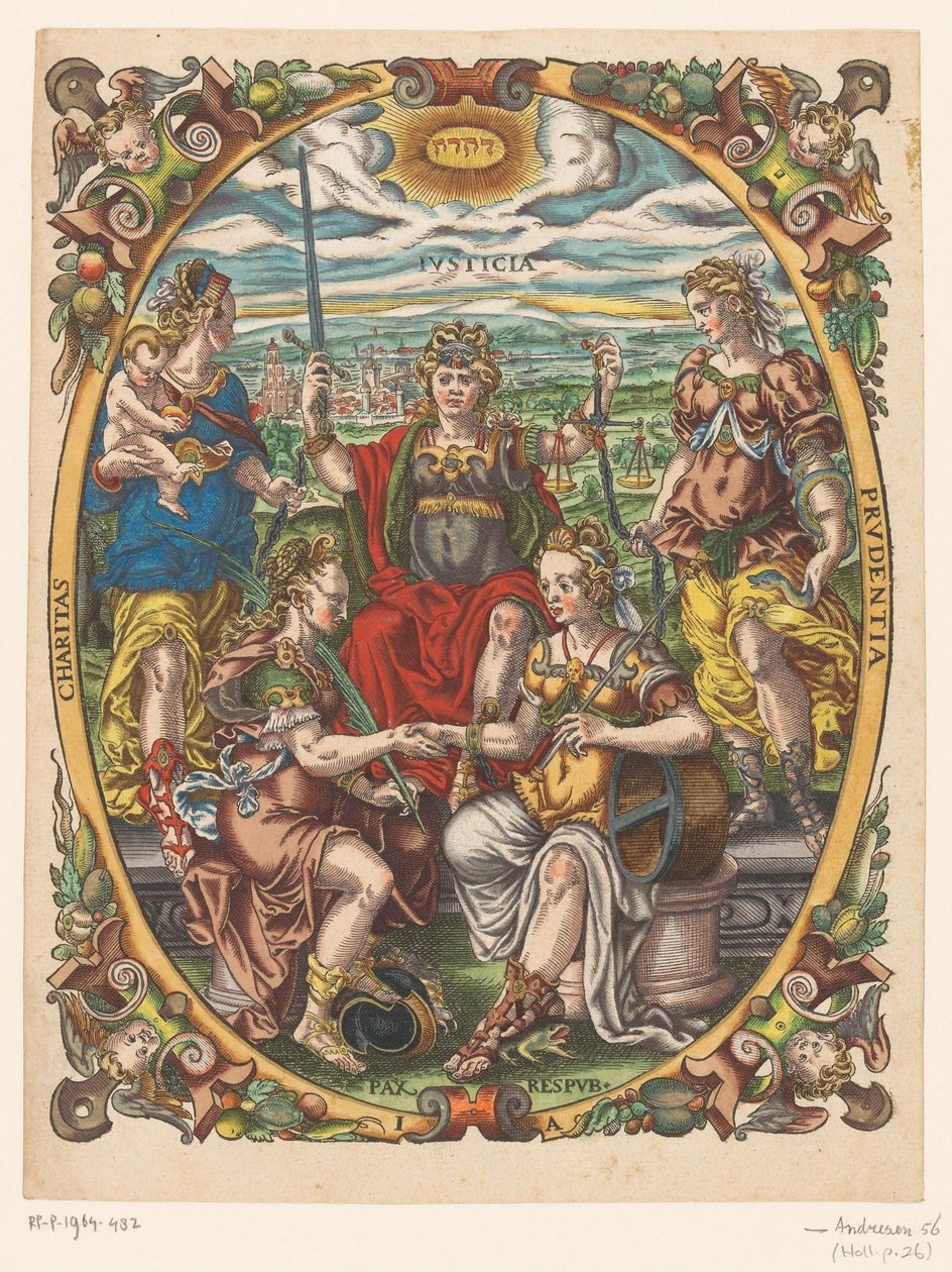 Personifikationen von Justitia, Caritas, Prudentia, Pax und Republica von Jost Amman