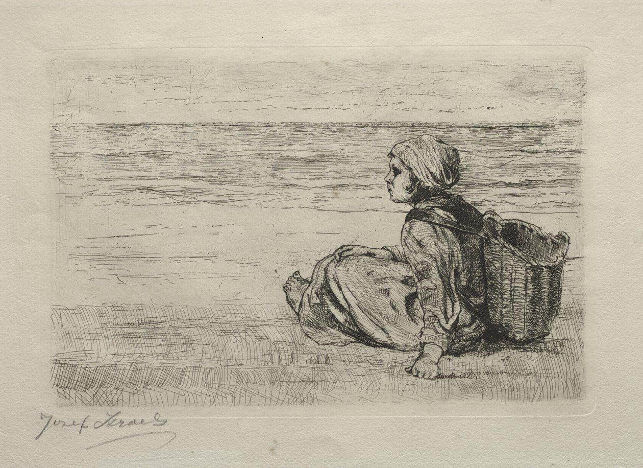 Mädchen mit Korb am Ufer sitzend von Jozef Israëls