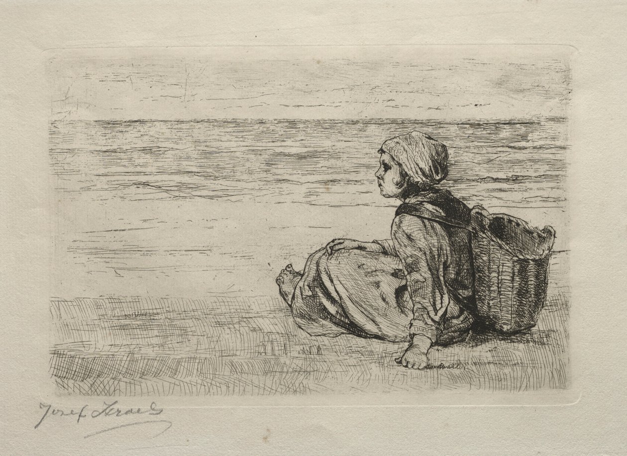 Mädchen mit Korb am Ufer sitzend von Jozef Israëls