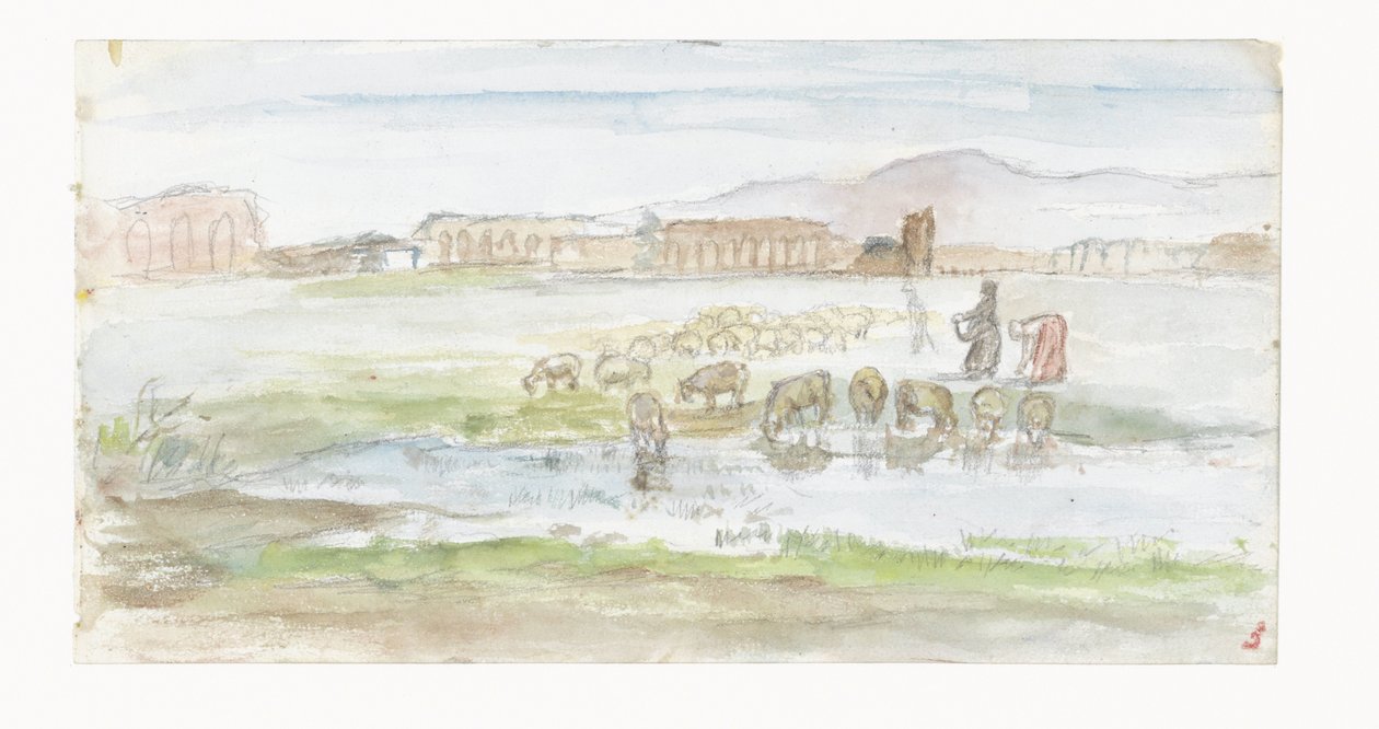Ebene mit Schafen, im Hintergrund Ruinen eines Aquädukts von Jozef Israëls