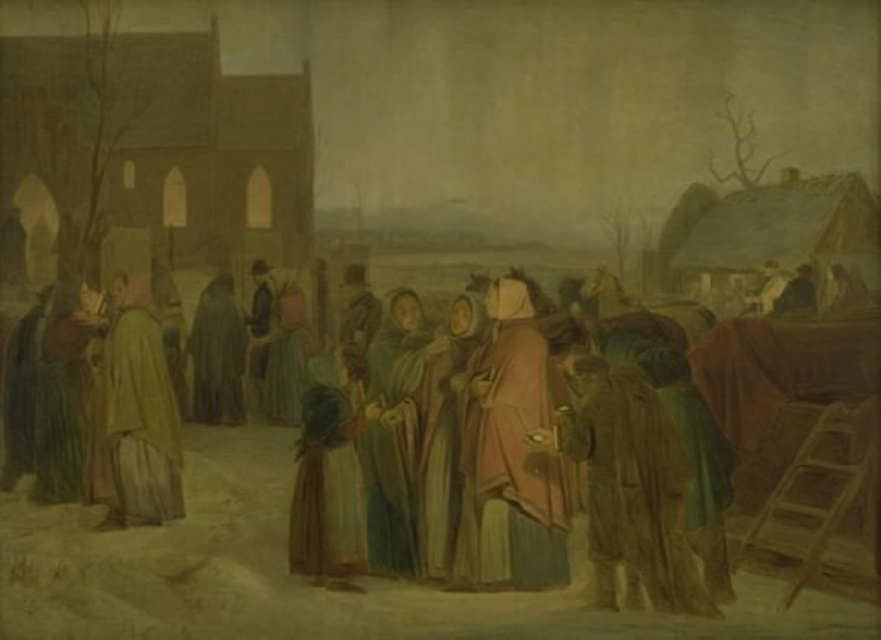 Bauern vor der Kirche an einem Weihnachtsmorgen von Jørgen V. Sonne