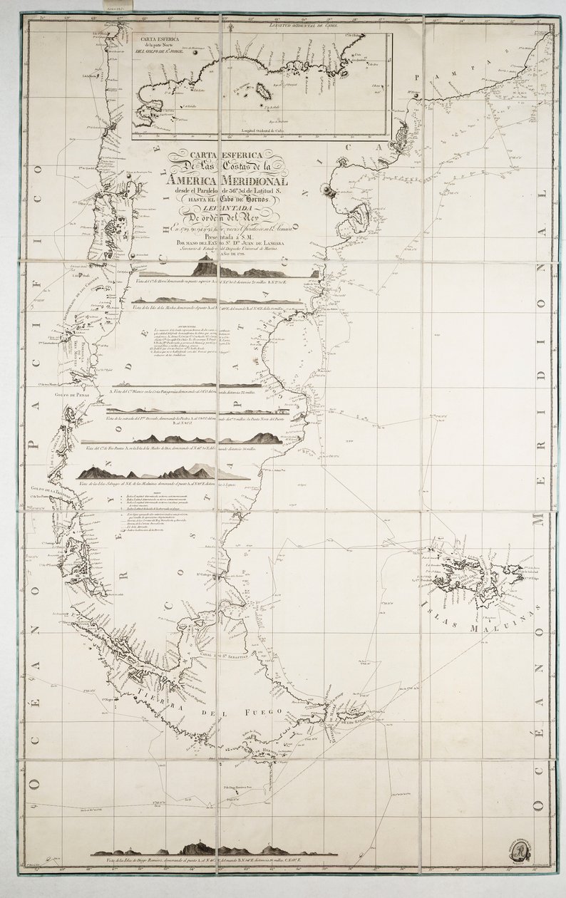 Karte von Chile, Patagonien, Feuerland und den Falklandinseln, um 1798 von Juan de Langara