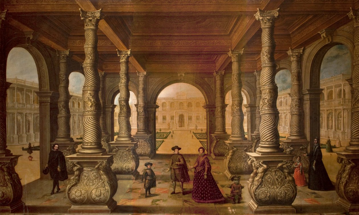 Philipp IV. und seine Königin in einer Kolonnade, ca. 1630 von Juan de la Corte