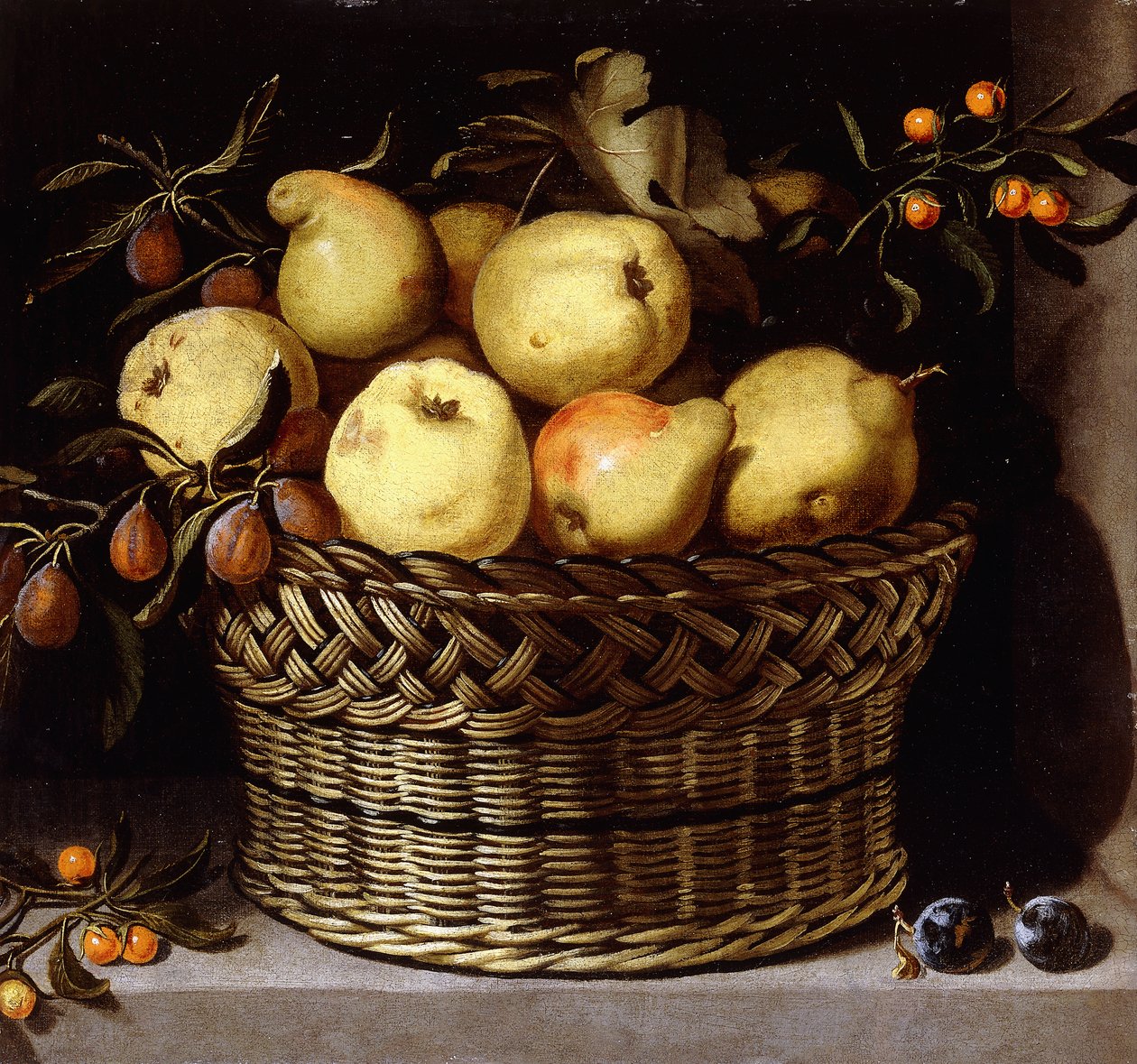 Ein Weidenkorb mit Früchten auf einem Steinsims von Juan van der Hamen y Leon