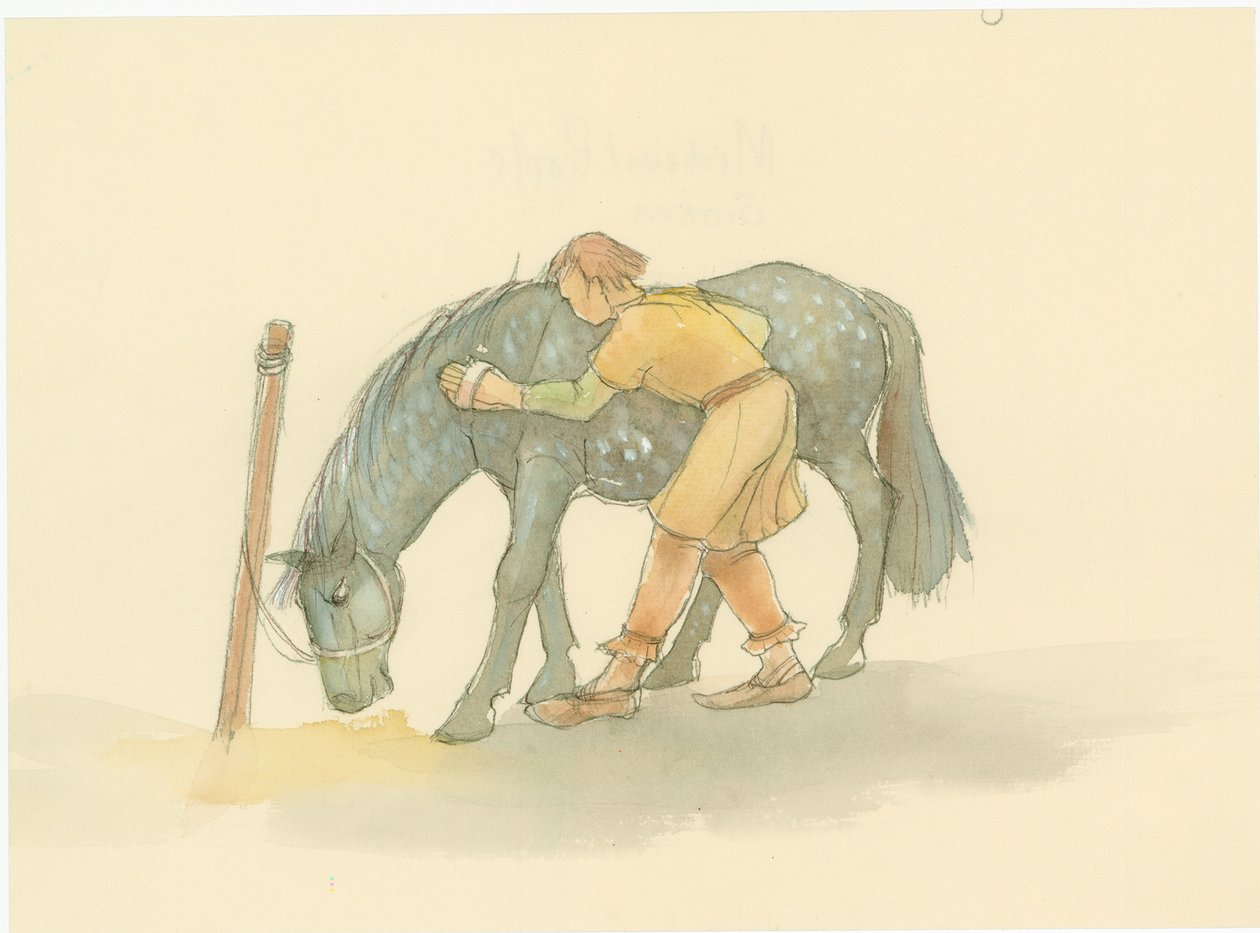 Ein mittelalterlicher Stallbursche bürstet ein Pferd von Judith Dobie