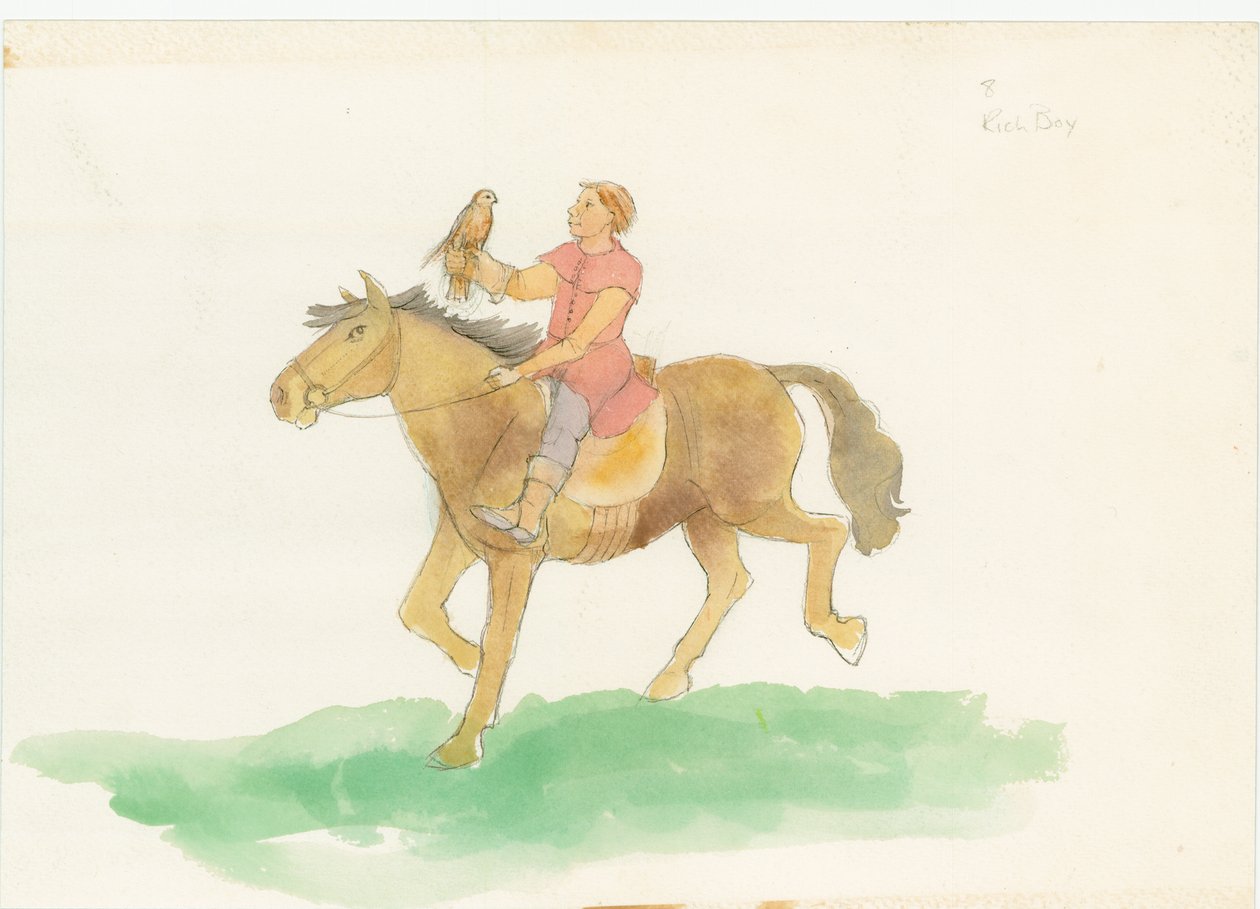 Ein mittelalterlicher Mann, der auf einem Pferd mit einem Raubvogel auf dem Arm reitet, 2004 von Judith Dobie