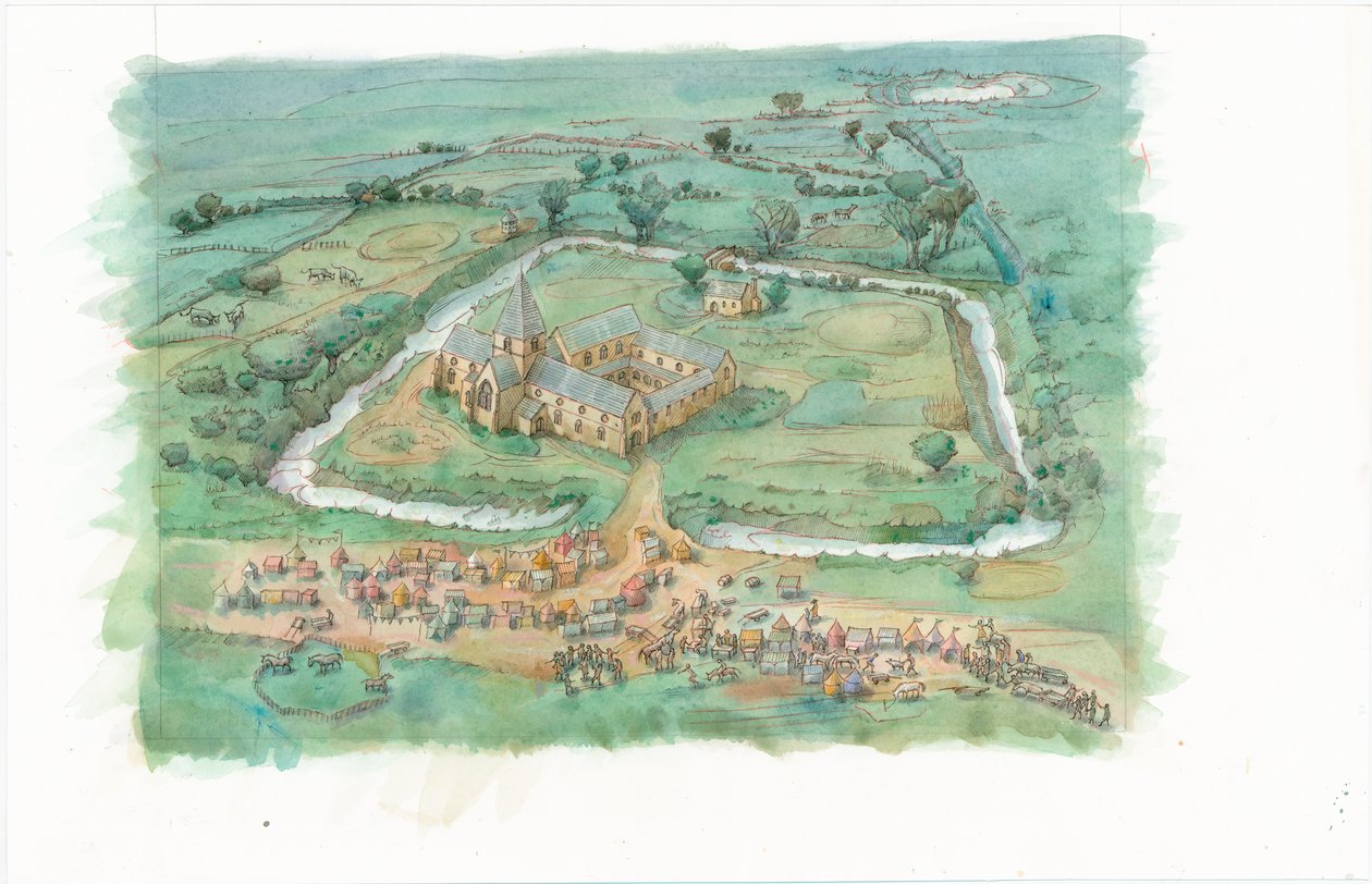 Rekonstruktionsgemälde von Latton Priory im späten 12. Jahrhundert von Judith Dobie