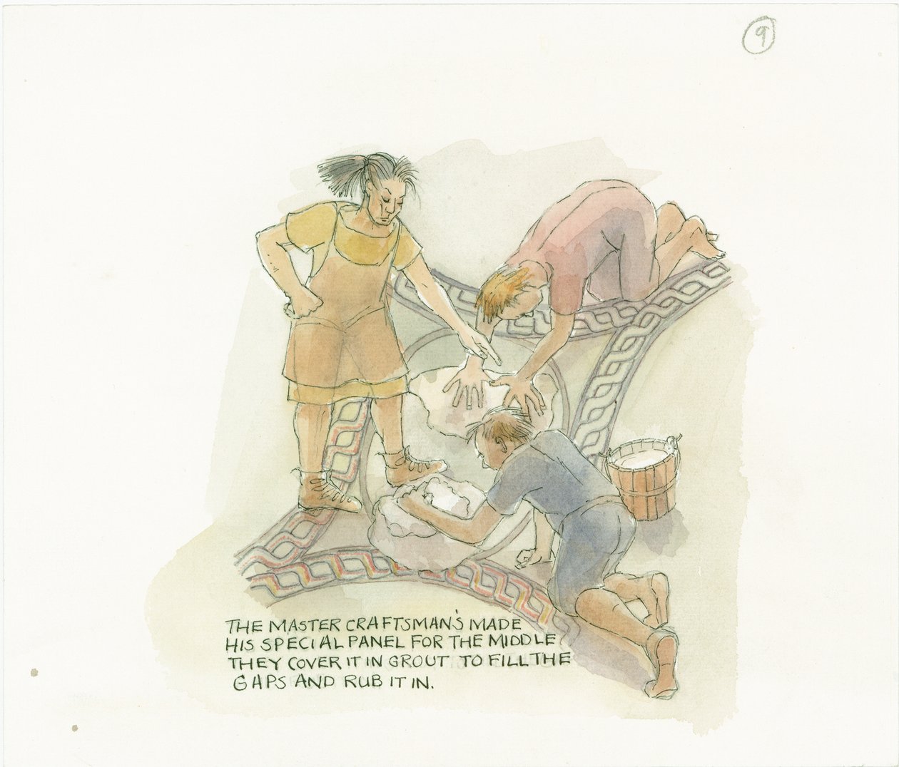Zwei Arbeiter verfugen eine Bodenplatte, hergestellt und überwacht vom Meisterhandwerker, 2003 von Judith Dobie