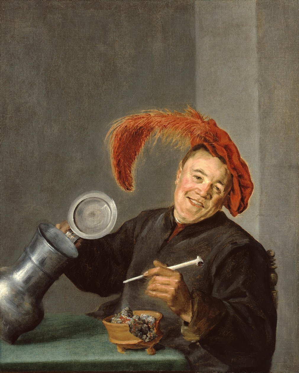 Fröhlicher Mann mit einem Zinnkrug und einer Pfeife von Judith Leyster