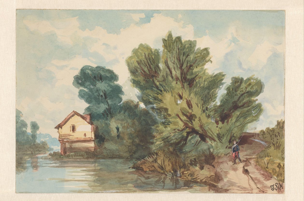 Landschaft mit Wanderer und Haus am Wasser von Judith Ph. Metelerkamp (signed by artist)
