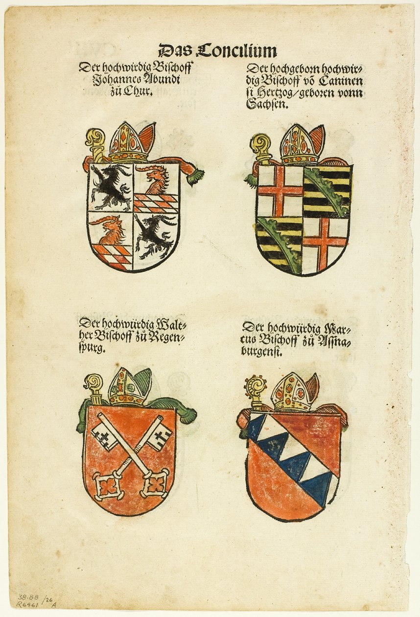 Wappen der Bischöfe (recto und verso) aus Das Concilium so zu Constantz, Tafel 26 aus Holzschnitte aus Büchern des XVI. Jahrhunderts von Jörg Breu the Elder