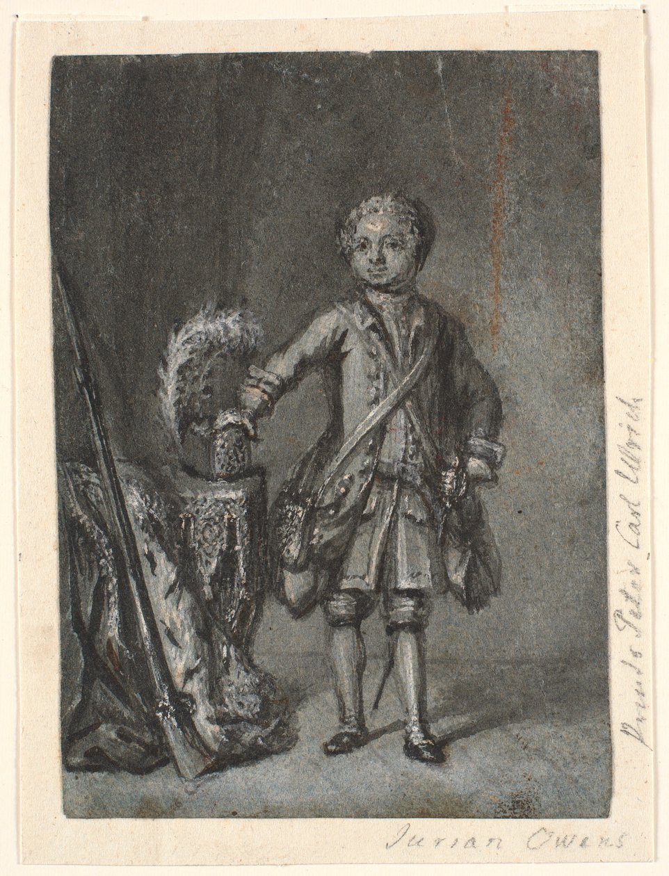 Porträt eines stehenden Jungen in Jagdausrüstung; links ein Tisch mit Jagdhut und Langlaufgewehr. Prinz Peter Carl Ulrich? von Jürgen Ovens