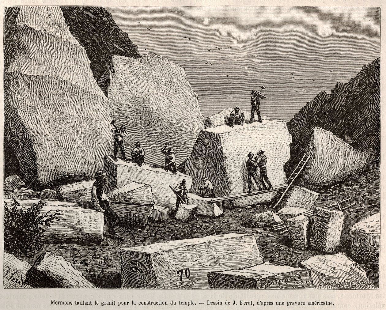 Mormonen schnitzen Granit für den Tempelbau. Gravur nach J. Ferats Zeichnung, zur Illustration der Geschichte La conquete blanche, von William Hepworth Dixon, 1875, veröffentlicht in „Le tour du monde“, 1876, herausgegeben von Edouard Charton, Hachette-A von Jules (after) Ferat