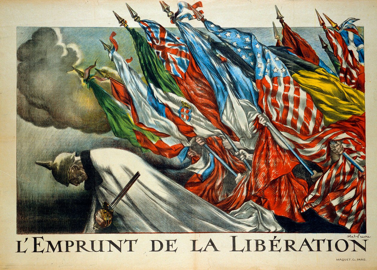 Erster Weltkrieg: „Die Anleihe der Befreiung“, Wilhelm II. unter alliierten Flaggen. Illustration von Abel Faivre von Jules Abel Faivre