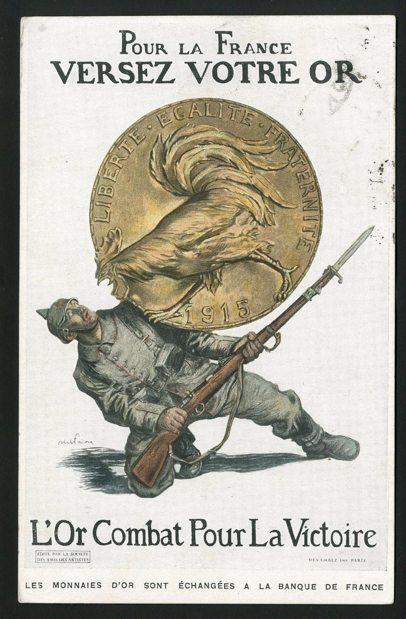 Postkarte, Satirisch in Farben, circa 1915: Für Frankreich, Gieße dein Gold - Krieg von 14-18, Deutschland Preußen, Silber, Kriegsparteien und Symbole, Sieg, Anleihe, Patriotische Tage - Hahn - Illustration von Abel Faivre (1867-1945) von Jules Abel Faivre