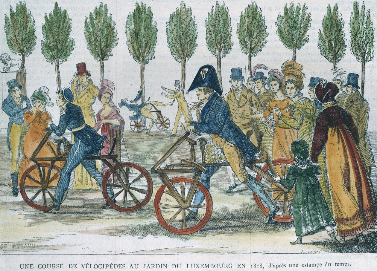 Ein Velocipede-Rennen im Jardin du Luxembourg im Jahr 1818 nach einem Stich der Zeit, graviert von P. Comte (19. Jahrhundert) von Jules Antoine Duvaux