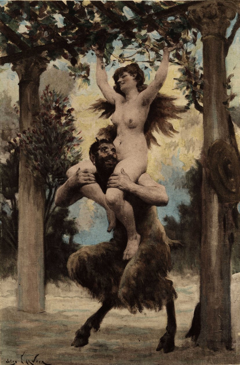 Ein halb Mensch, halb Tier Wesen trägt eine nackte Frau auf seiner Schulter im Weinberg zum Tempel der Flasche. Pantagruel. Illustration von Jules Garnier. In „Rabelais et l