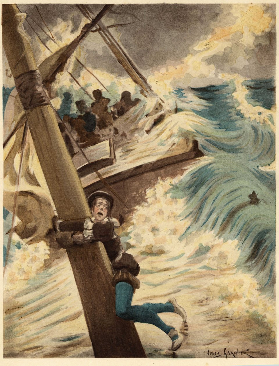 Panurge hängt während eines Seesturms am Mast eines Bootes. Pantagruel. Illustration von Jules Garnier. In „Rabelais et l