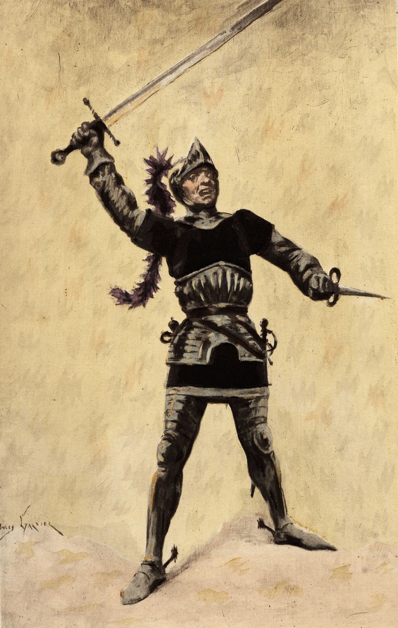 Picrochole, König von Lerne, in Rüstung und mit Schwert. Illustration von Jules Garnier. In "Rabelais et l