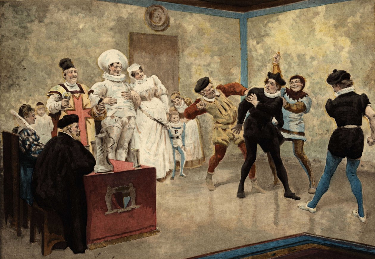 Zwei Männer schlagen einen Chiquanous. Anwesend: der Bäcker Loyre und seine Frau in Hochzeitskleidung (in der Mitte), der Herr von Basche und der Pfarrer Oudart. Pantagruel. Illustration von Jules Garnier. In „Rabelais et l
