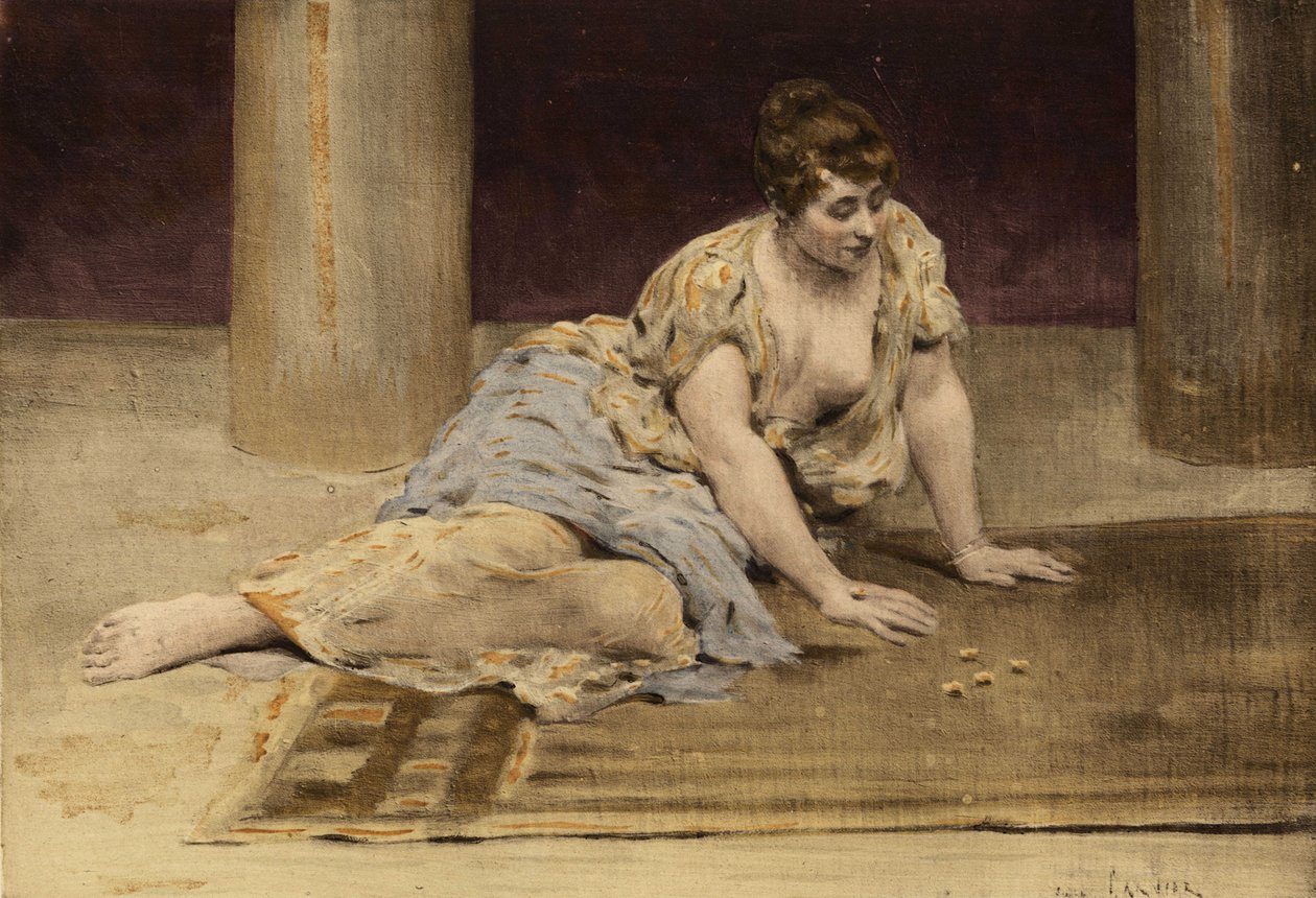 Frau spielt das Spiel der Tische (Tables). Gargantua. Illustration von Jules Garnier. In „Rabelais et l