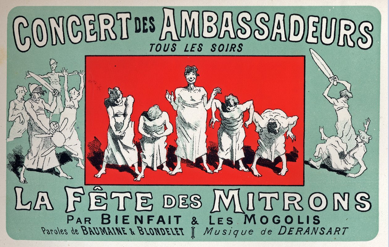 Kunst. Unterhaltung. Bäckerjungen-Party im Cabaret: Concert des Ambassadeurs, Paris. Plakat von Jules Cheret, Frankreich, ca. 1880 (Plakat) von Jules Cheret