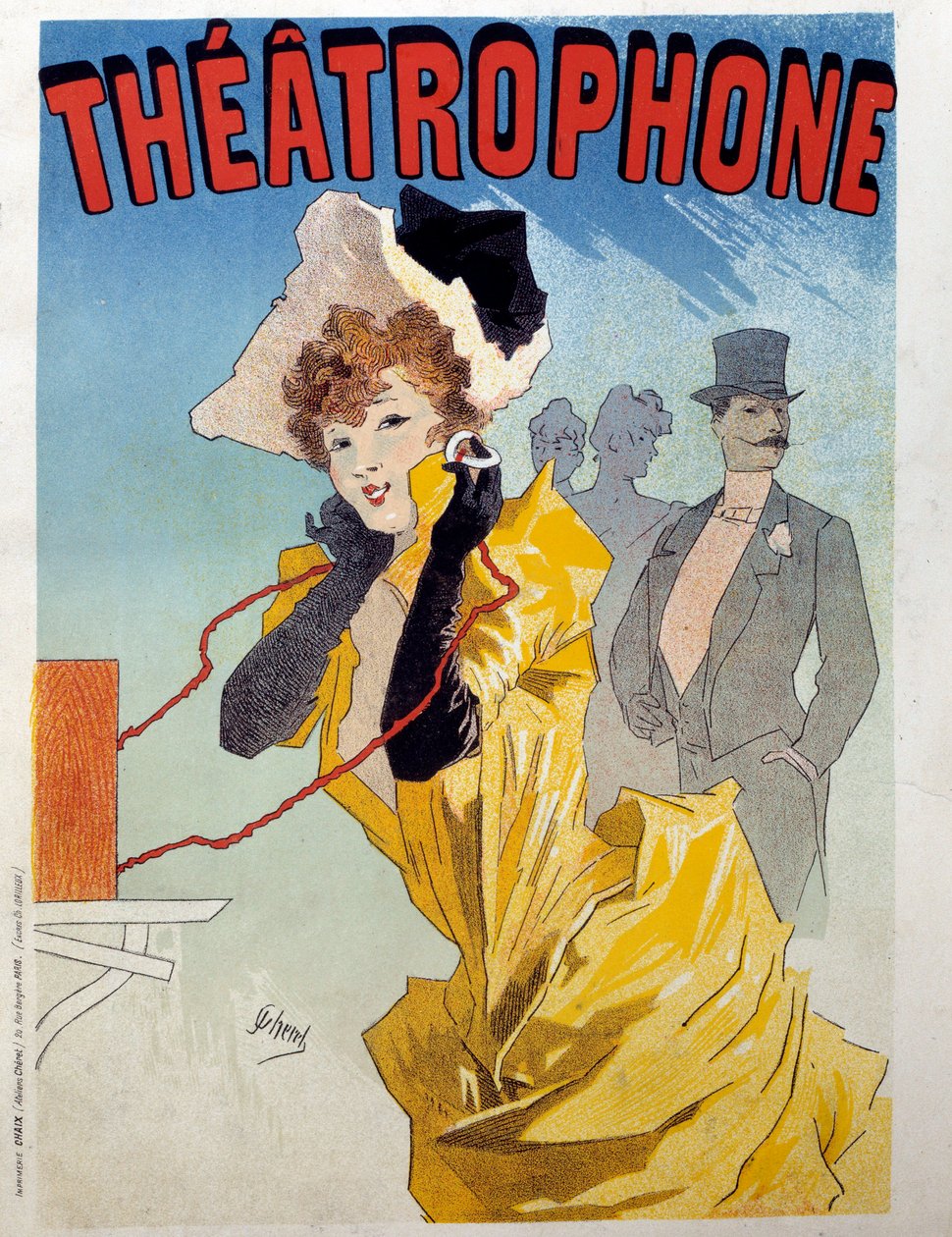 Plakat für das Theatrophone: Eine junge Elegante hört ein Theaterstück. Illustration von Jules Chéret (19. Jahrhundert) von Jules Cheret