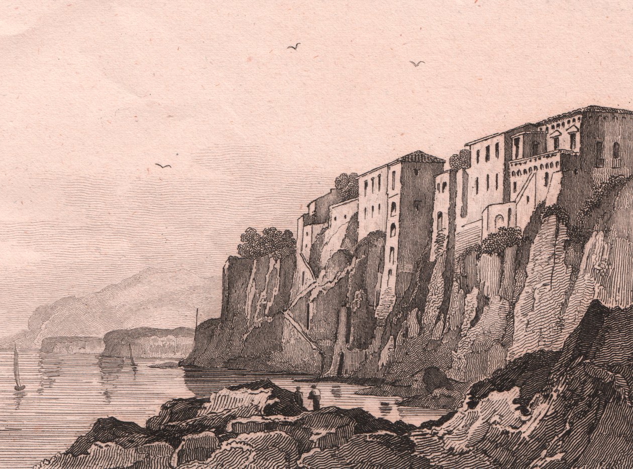 Blick auf Sorrent mit dem Haus von Torquato Tasso, Kampanien, Italien, Stahlstich von Sauvage nach einer Zeichnung von Jules Coignet von Jules Coignet