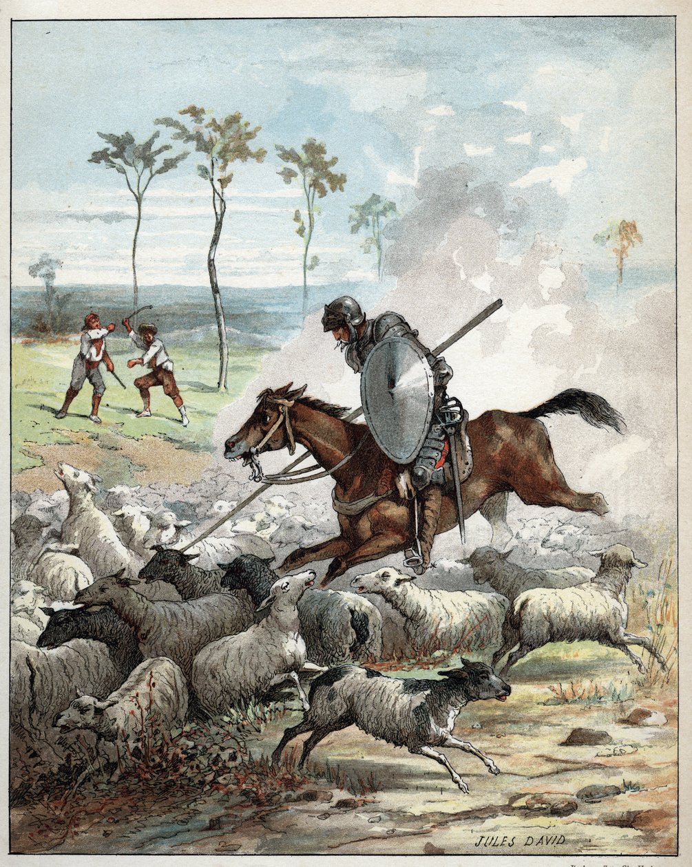 Don Quixote tötet Schafe, die er für Ritter hält - Don Quixote auf seinem Pferd durchbohrt die Schafe, die er für Ritter hält - Illustration von Jules David (1808-1892) aus Histoire de Don Quixote (Don Quixote) - 1887 - von Miguel de Cervantes Saavedra (15 von Jules David