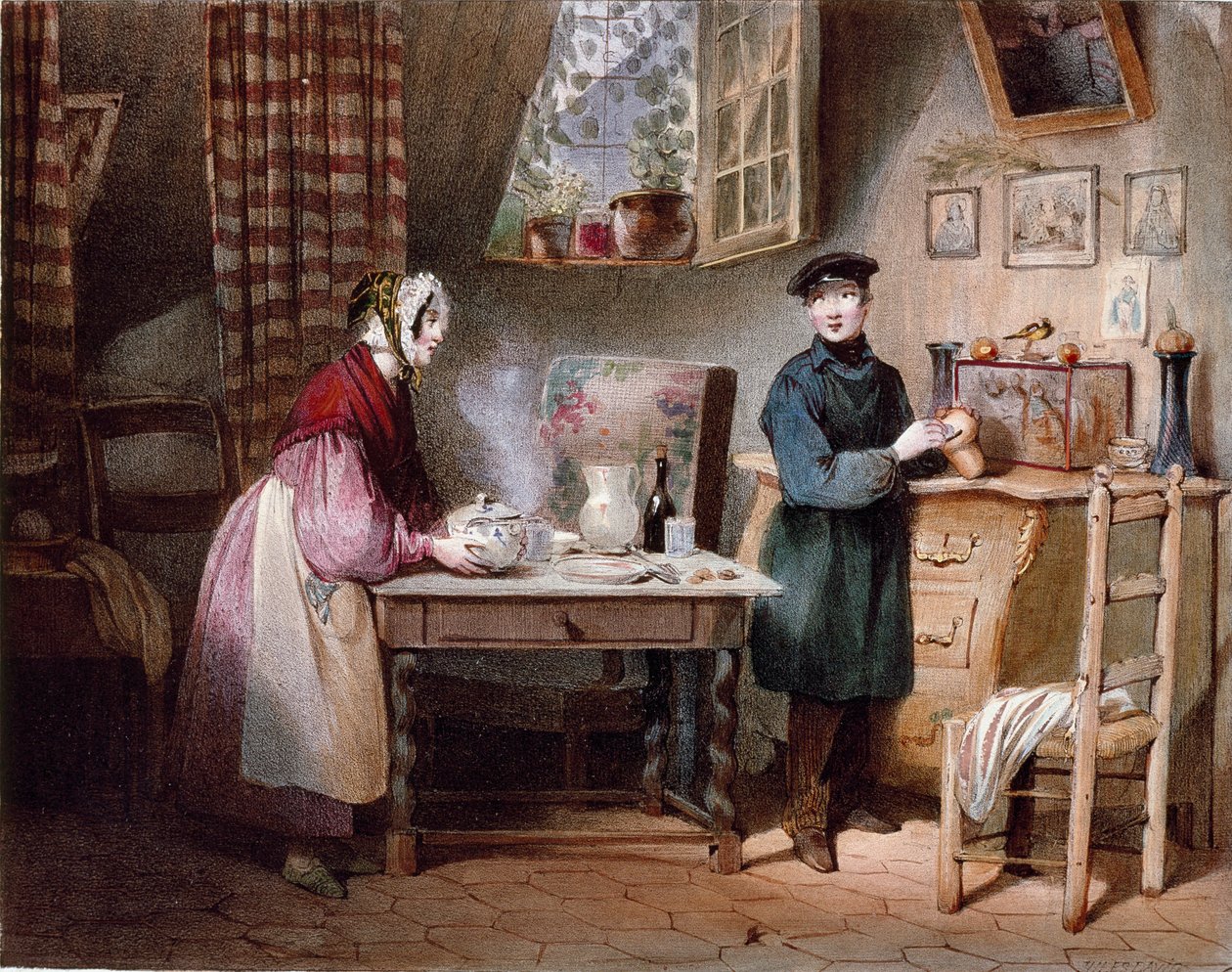 Wirtschaft. Junges Paar in einem Haus: Die Frau stellt einen Schluck auf den Tisch und der Mann steckt eine Münze in eine Sparbüchse. Farbgravur von Jules David (19. Jahrhundert) Paris, Musée Carnavalet von Jules David