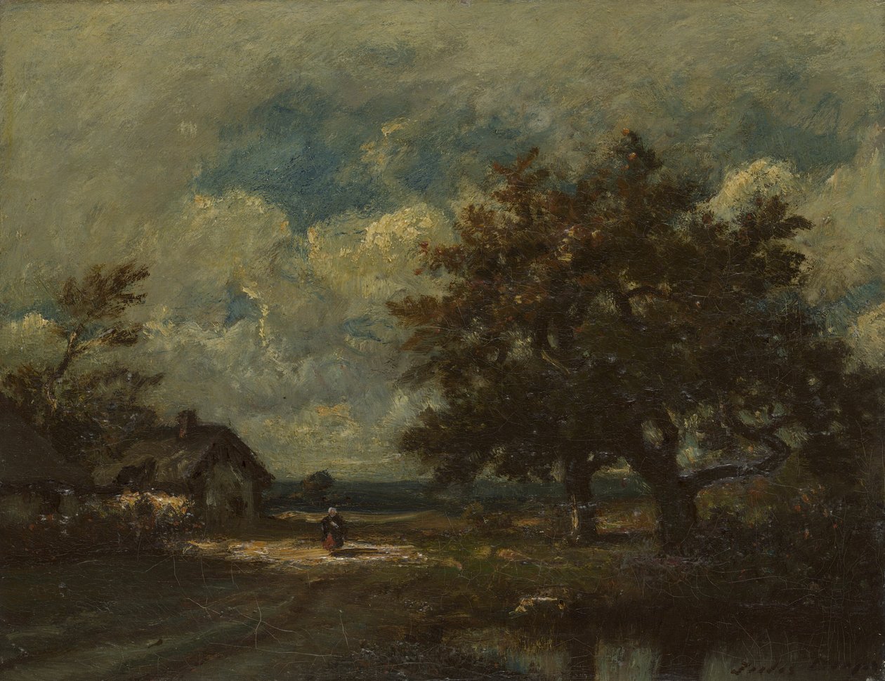 Das Häuschen am Straßenrand, stürmischer Himmel von Jules Dupré