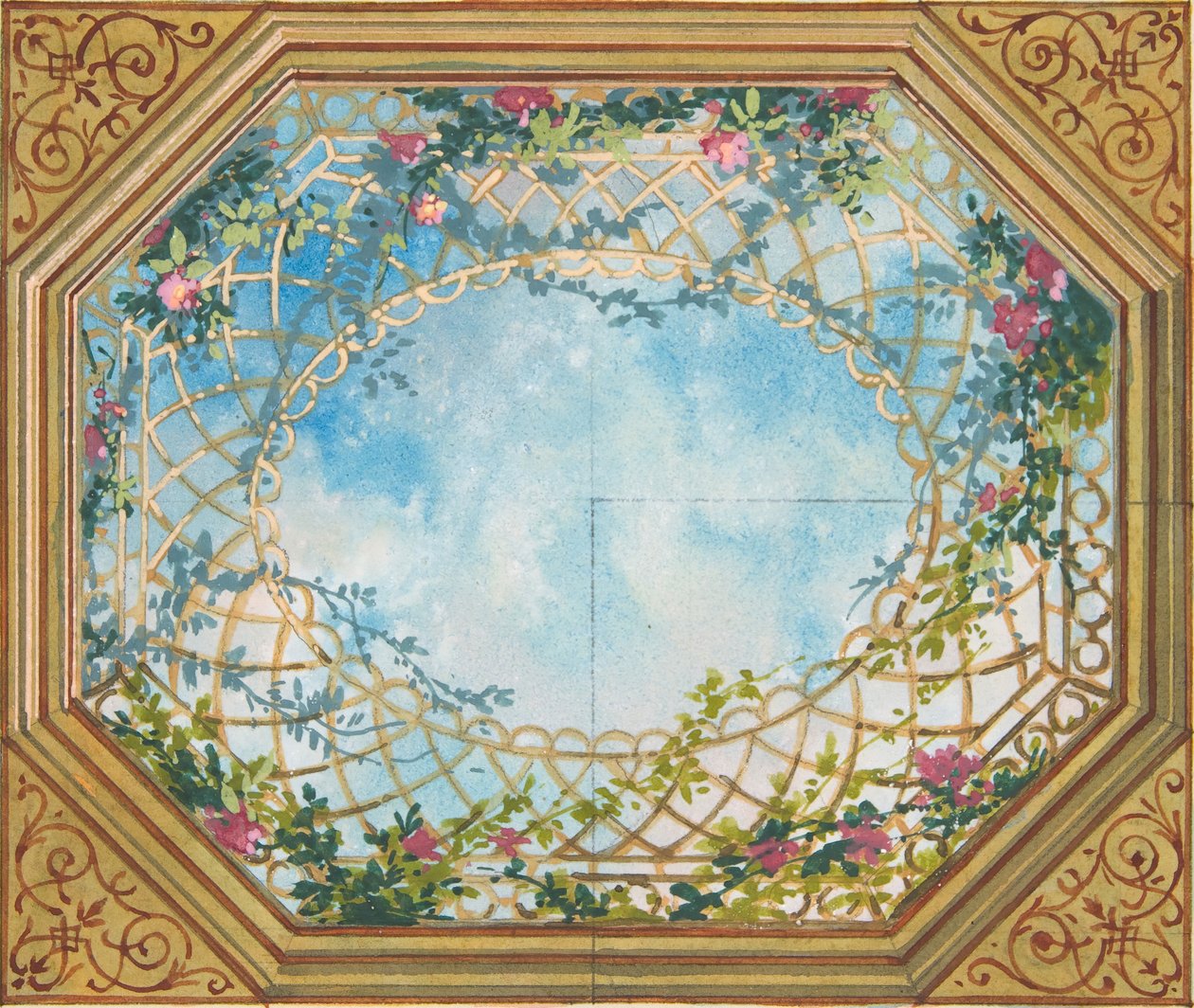 Entwurf für eine Decke, bemalt mit Wolken, Gittern und Rosen, zweite Hälfte des 19. Jahrhunderts. Schöpfer: Jules-Edmond-Charles Lachaise, Eugène-Pierre Gourdet von Jules Edmond Charles Lachaise and Eugène Pierre Gourdet