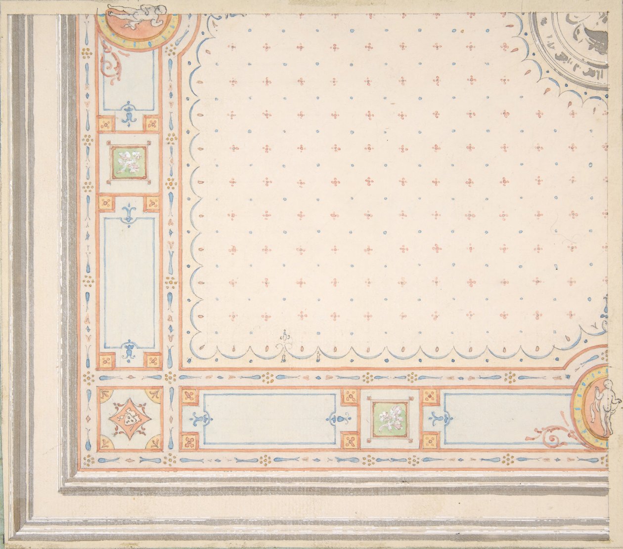 Entwurf für eine Decke (recto), Maße mit Designcode (verso), zweite Hälfte des 19. Jahrhunderts. Schöpfer: Jules-Edmond-Charles Lachaise, Eugène-Pierre Gourdet von Jules Edmond Charles Lachaise and Eugène Pierre Gourdet