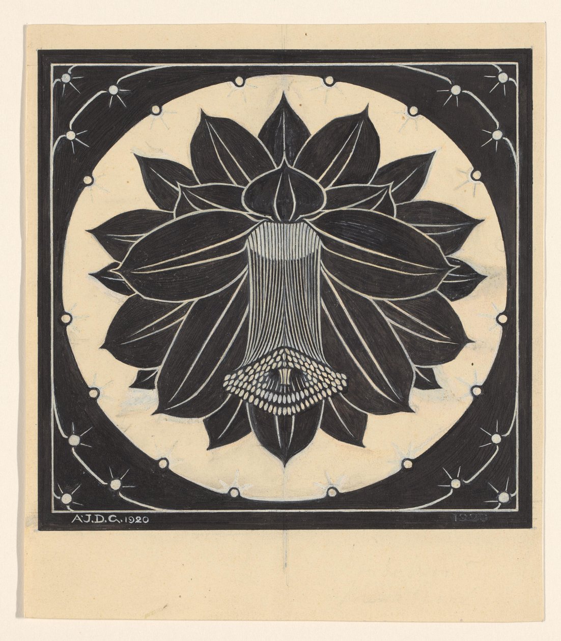 Blume in quadratischem Rahmen mit Sternformen von Julie de Graag (signed by artist)