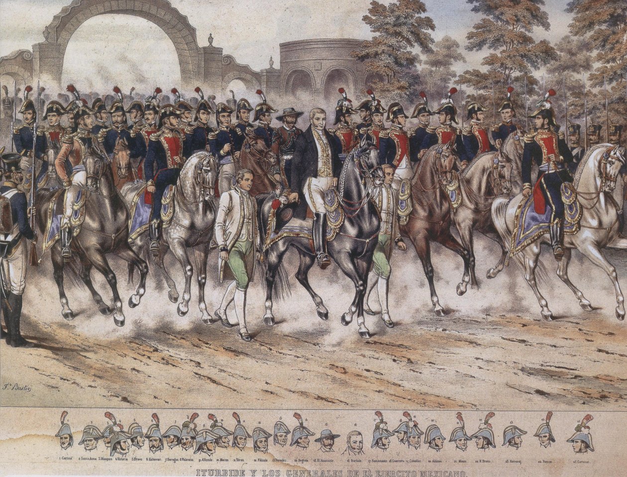 Generäle des Trigarante, Einzug der Trigarante-Armee, Iturbide und die Generäle der mexikanischen Armee von Julio Michauld and Thomas Ferdinand Bastin