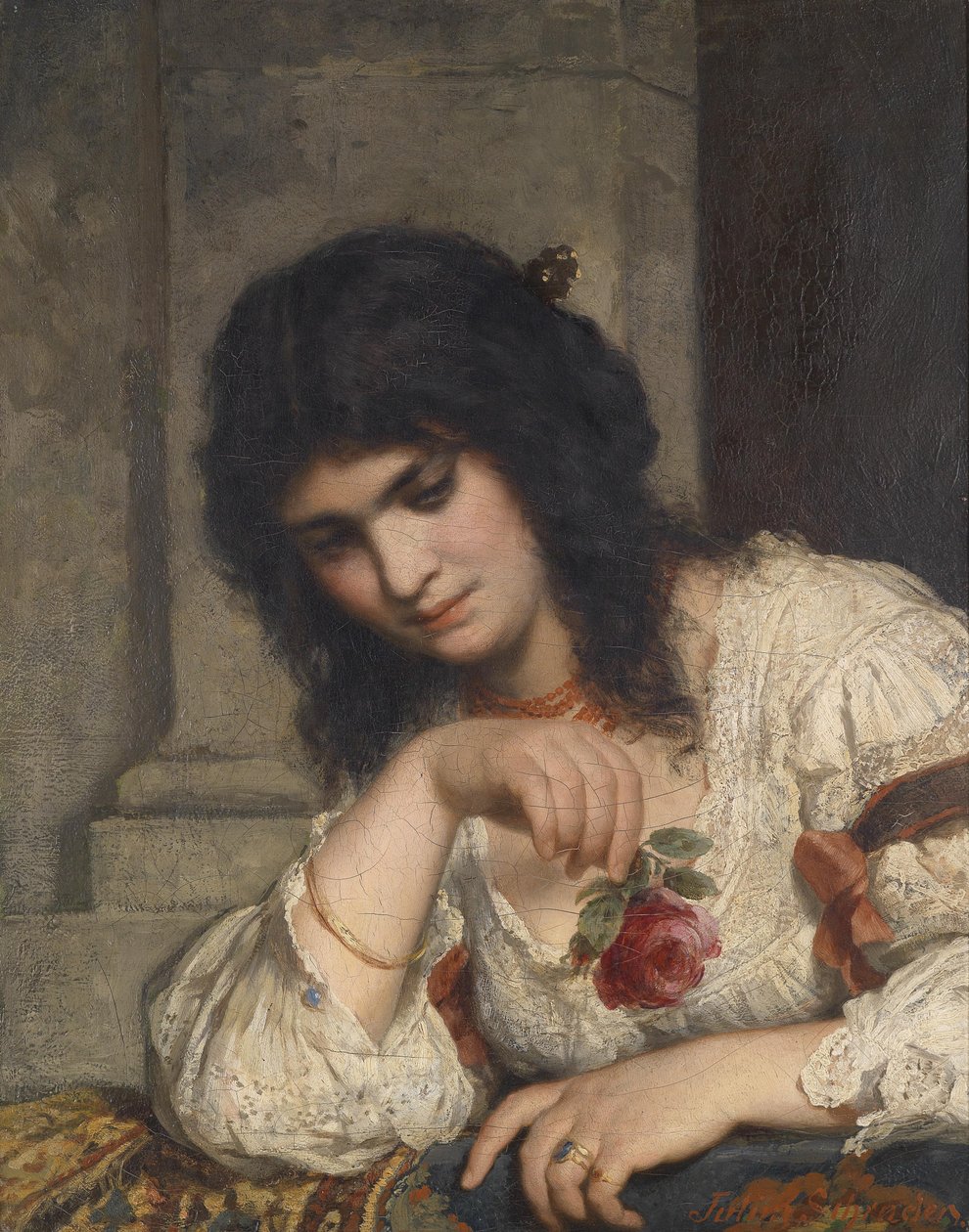 Dame an der Brüstung mit Rose von Julius Schrader