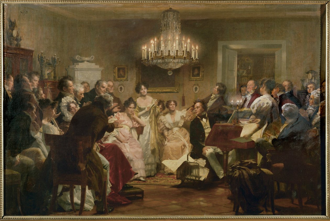 Schubert am Klavier während eines Schubert-Abends in einem Wiener Salon von Julius Schmid