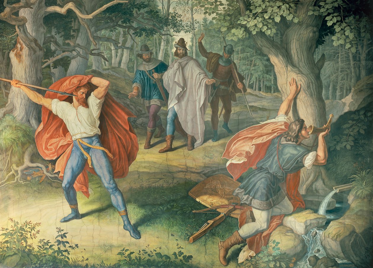 Hagen tötet Siegfried am Brunnen, Halle der Nibelungen von Julius Schnorr von Carolsfeld