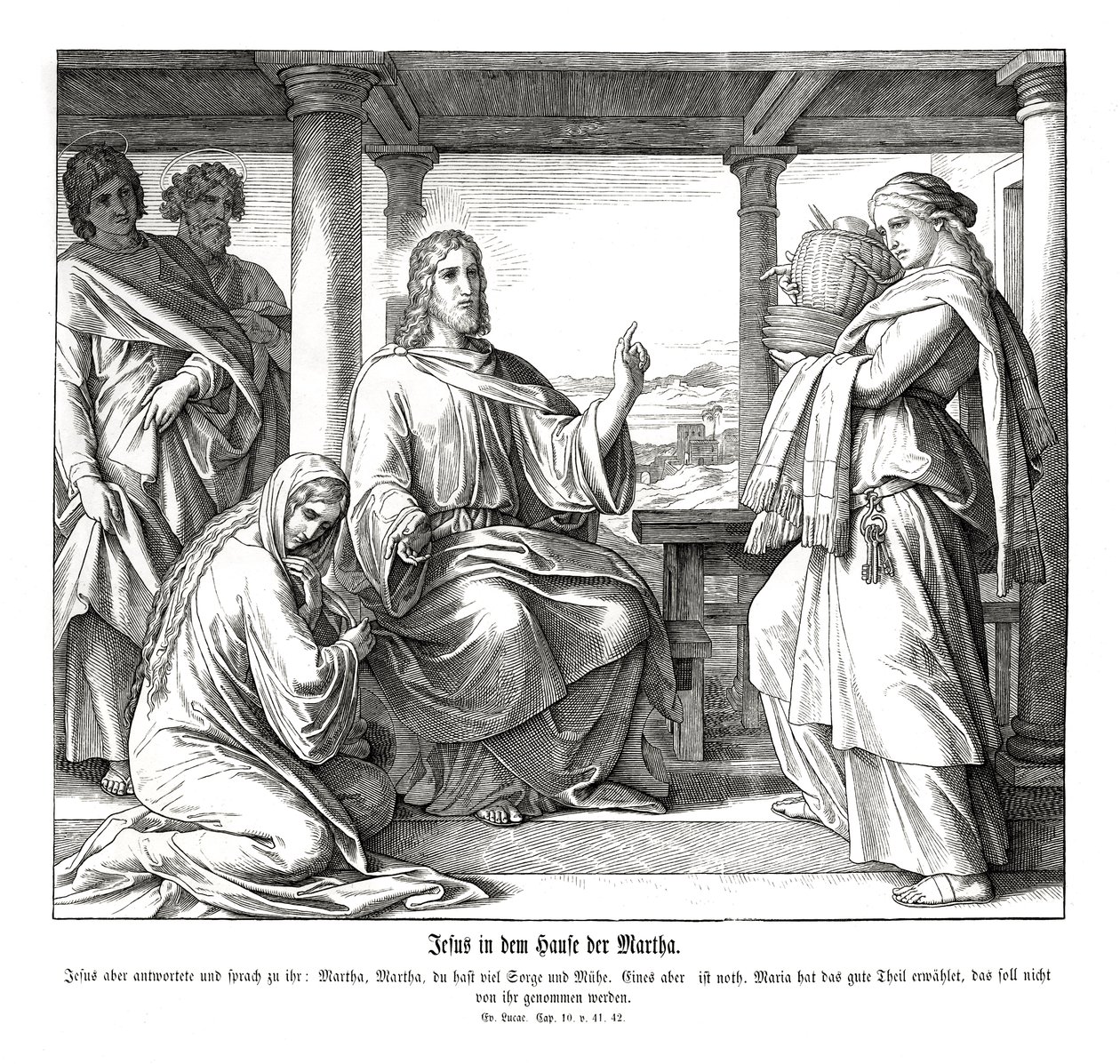 Jesus im Haus von Martha, Evangelium nach Lukas von Julius Schnorr von Carolsfeld