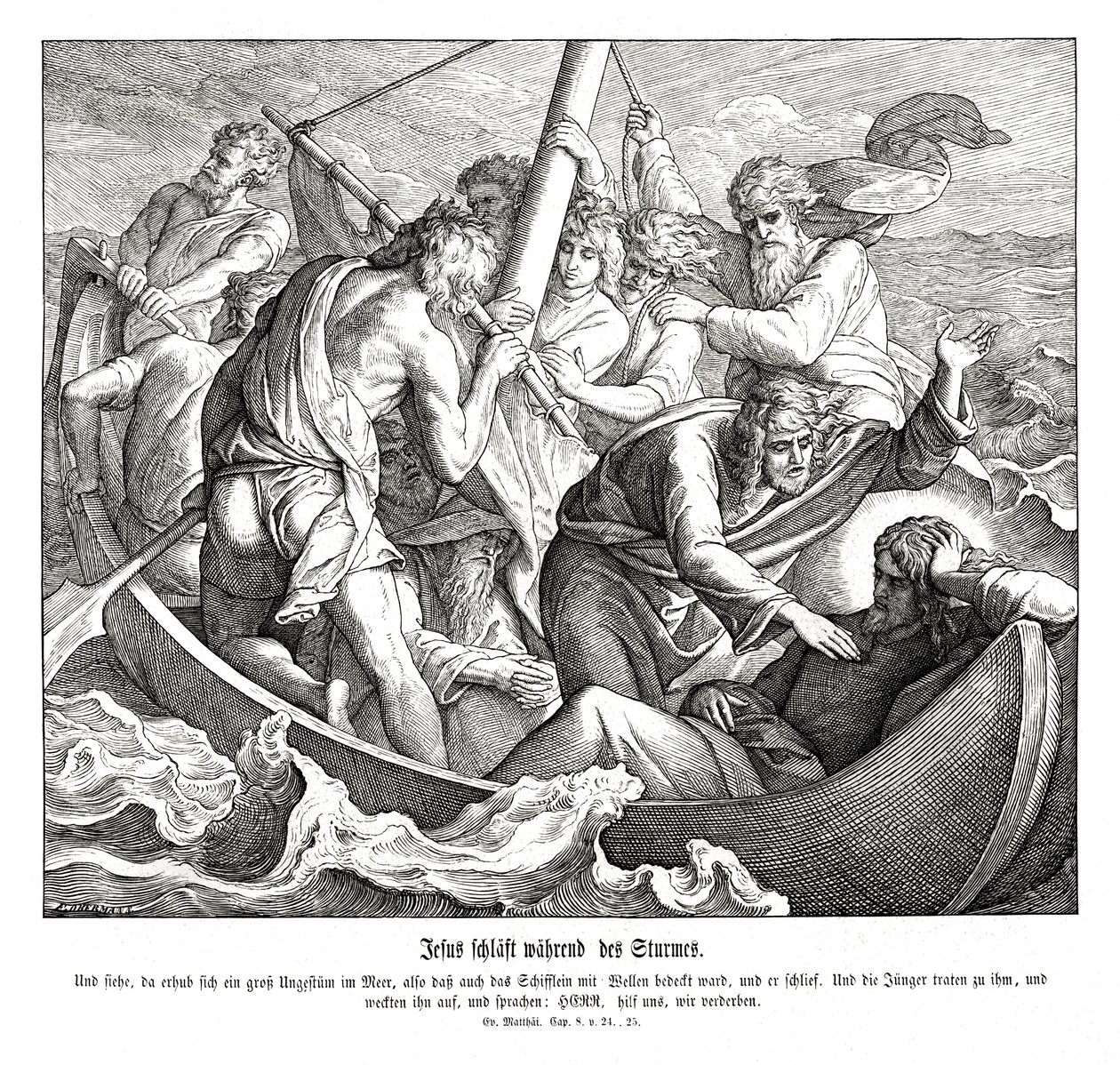 Jesus schläft während des Sturms, Evangelium nach Matthäus von Julius Schnorr von Carolsfeld