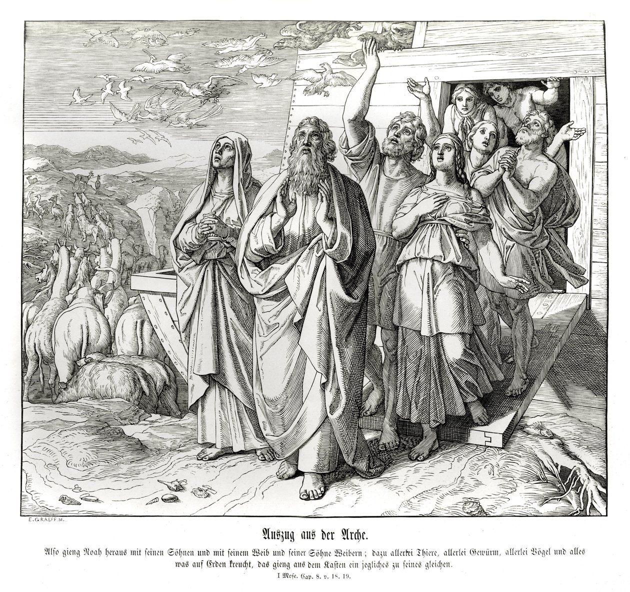 Noah und seine Familie nach der Flut, Genesis von Julius Schnorr von Carolsfeld