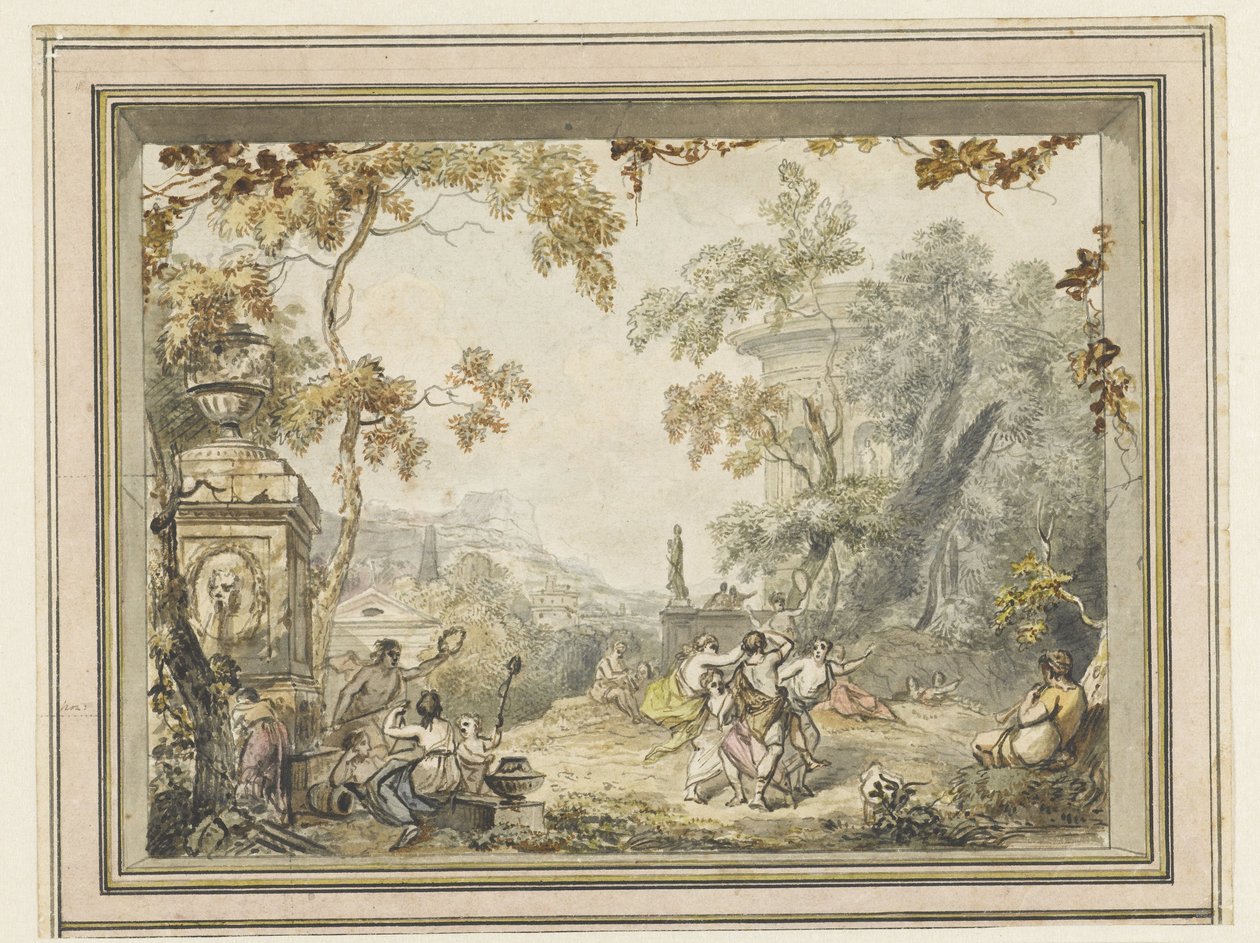 Entwurf für eine Zimmerbemalung: idyllisch-arkadische Landschaft mit klassischen Gebäuden von Jurriaan Andriessen